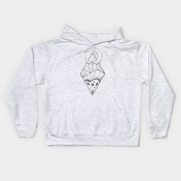 Geometric mountain in a diamonds with moon (tattoo style - black and white) Kids Hoodie by beatrizxe